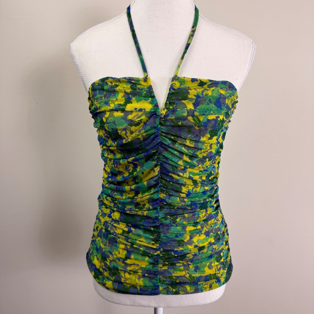 Ganni Yellow Blue Abstract Floral Ruched Mesh Halter Top V-Neck Back Zip Size 38